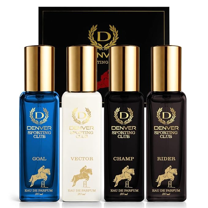 Denver Sporting Club Luxury Gift Set for Men, 4 x 0.68 Fl Oz Eau de Parfum Collection | Goal, Rider, Victor and Champ | Long-Lasting Fragrance and Odor Protection
