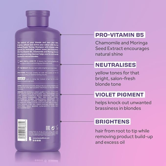 Lee Stafford Purple Toning Shampoo | Bleach Blonde Collection - Best Toner Cleanser, Neutralizes Brassy & Yellow, Great for Color Treated, Silver, & Grey, Hydrating for Dry, Damaged Hair, 16.9 Fl Oz