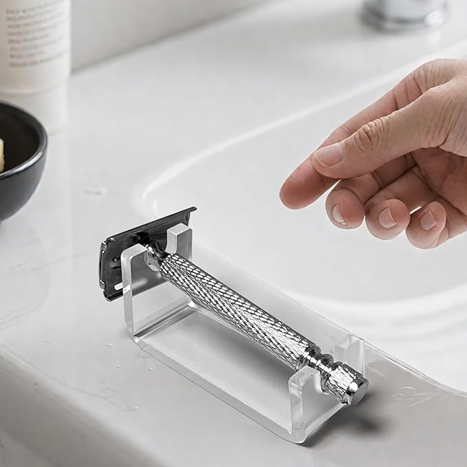 SINNNNBLE Acrylic Double Edge Safety Razor Stand Holder, Portable Bathroom Countertop Organizer for Razor Drying & Shaving Essentials (2 Pack)