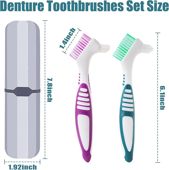 Denture Brush with Case, Convenient Travel False Teeth Toothbrush, Rubber Material, Ergonomic Handle False Teeth Toothbrush, Soft Denture Brush, Effective Denture Cleaner Brushes Kit