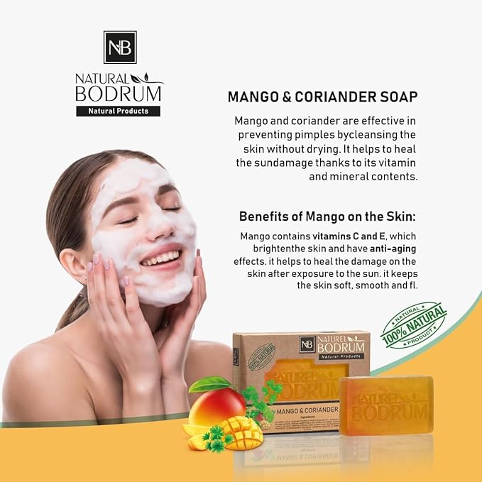 Mango and Coriander Organic Soap Bar for Women and Men, Pack of 5 Glycerin Soap Bars - UV-Repair & Acne-Control Bar Soap with Beta-Carotene & Vitamin E - Natural & Vegan Spa Gift, for All Skin Types