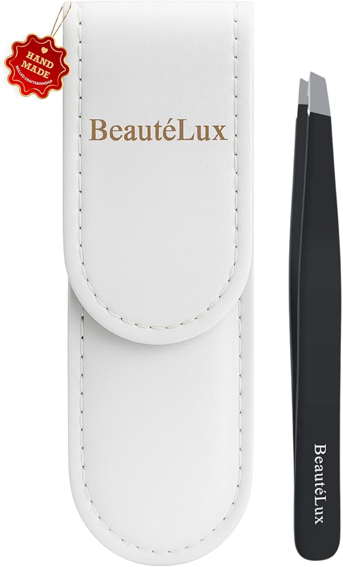 Premium Slant Tip Eyebrow Tweezer (Black), Stainless Steel Precision Tweezers for Men & Women, Facial Hair Removal with Leather Case