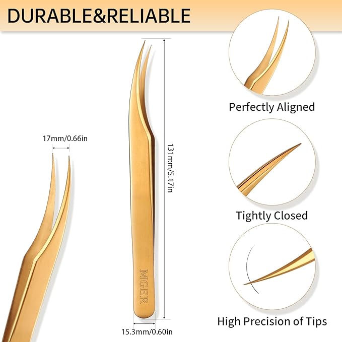 MGER Isolation Tweezers for Eyelash Extensions, Professional Hand Calibrated Dolphin tip Tweezers & eyelash tweezers for lash extensions, Effortless Application with Precision Tweezers, Gold