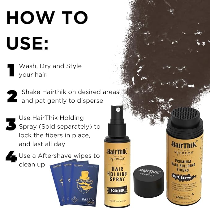 Supreme Trimmer Hair Building Fibers 8-in-1 Kit | 25G Keratin Fibers, Pump Nozzle, Hairline Cards, S&L Shaker, Brush, Wipes, Mirror | Conceal & Thicken Thinning Hair in Men & Women | Dark Brown