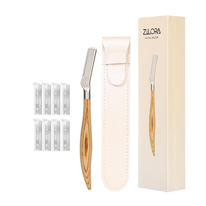 EyeBrow Razor with Safety Mesh Guard – Wooden Handle Eyebrow Trimmer for Women & Men, Includes 8 Replacement Blades & Leather Pouch for Peach Fuzz, Lip Hair & Brow Shaping