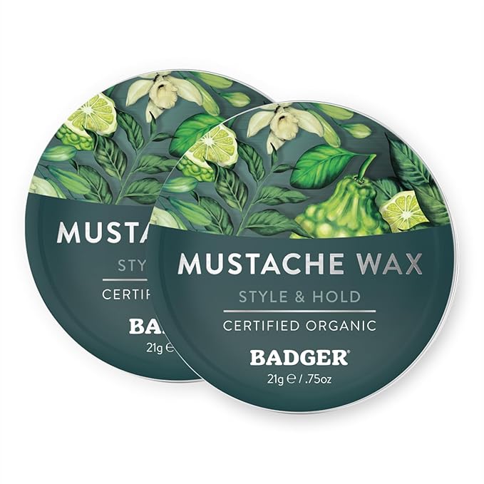 Badger Mustache Wax, Medium Hold, Light Masculine Scent, Easy to Apply, Certified Organic Versatile Moustache & Beard Wax, .75 oz Tin, 2-Pack