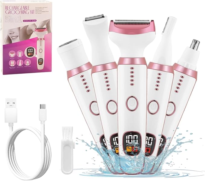 Electric Razors for Women, 5 in 1 Painless Ladies Wet & Dry Body Razors and Facial Hair Remover, Rechargeable Facial and Body Hair Remover for Face Nose Eyebrow Arms Armpit Legs Pubic Area（White）