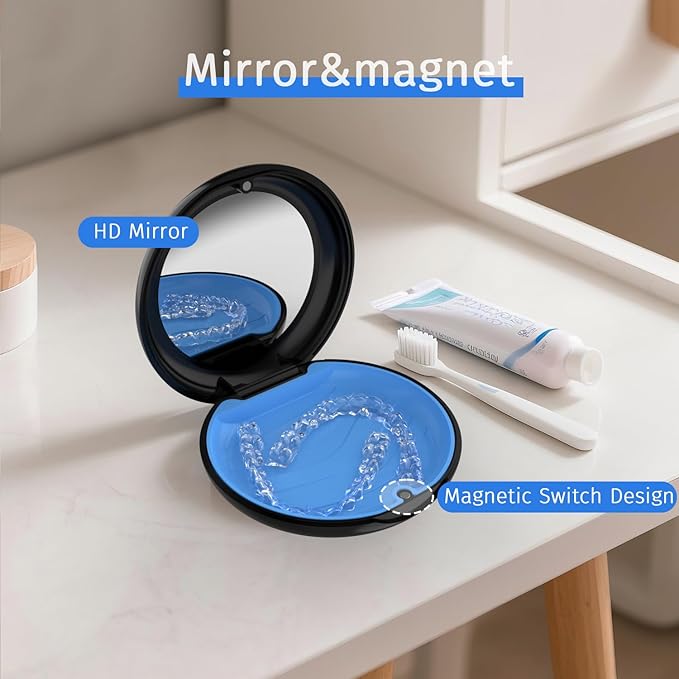 2 Pack Retainer Case with Mirror, Compatible with Invisalign, Orthodontic Aligner Case with Removal Tool and Brush, Black