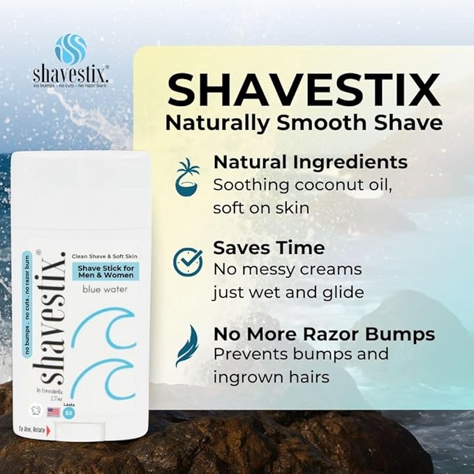 Travel Shaving Cream Stick 2.75 Oz | Blue Water Scented Coconut Based Razors, Shavers Friendly Hair Removal Cream Bar | Shavestix Shave Stick Sub Foam, Gel, Soap, Shaving Cream Women, Men