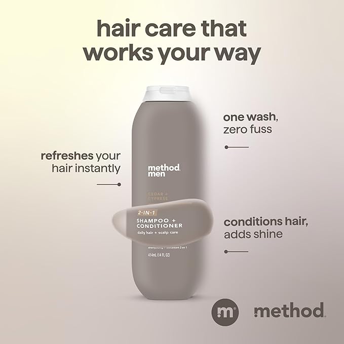 Method Men 2-in-1 Shampoo and Conditioner, Cedar + Cypress - Hydrating Formula with Woody Scent - Paraben Free and Cruelty Free - 14 Fl Oz, Pack of 1