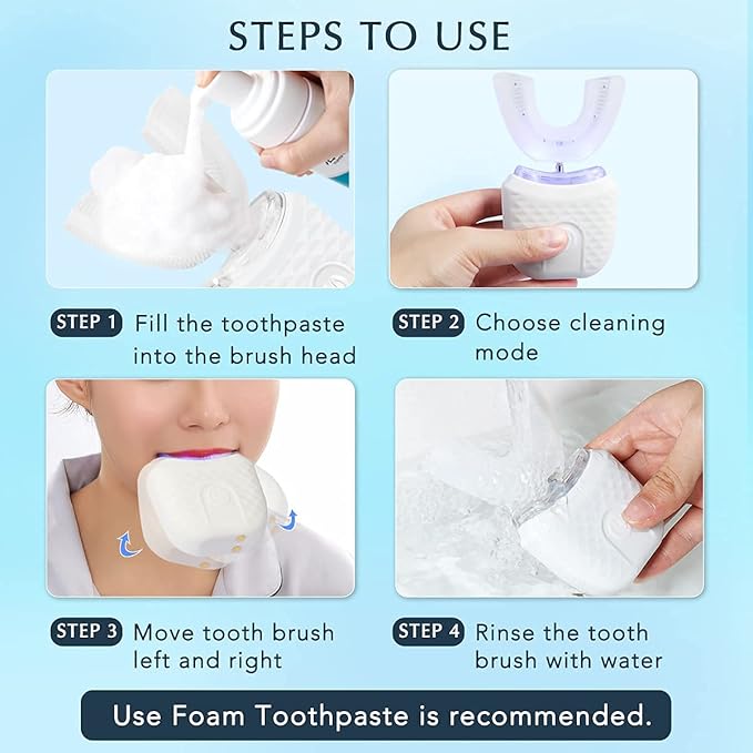Ultrasonic Electric Toothbrush, U Shaped Automatic Toothbrush for Adults 360° Whole Mouth Toothbrush Whitening IPX7 Waterproof