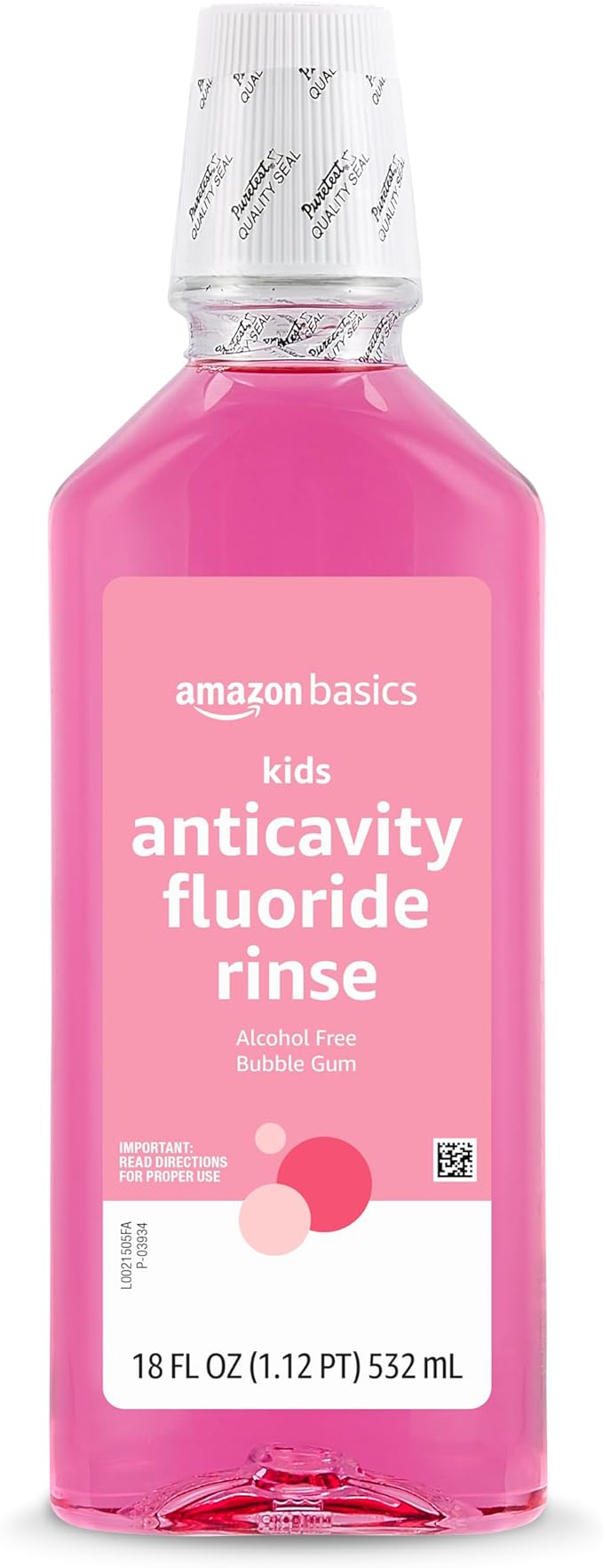 Amazon Basics Kids Mouthwash with Fluoride, Anticavity, Alcohol-Free Bubble Gum Flavor, Cavity Prevention, 18 fl oz
