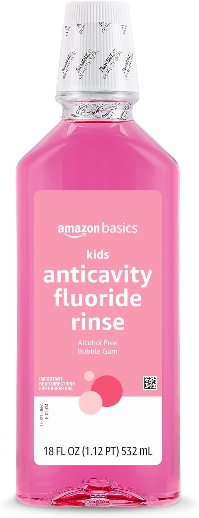 Amazon Basics Kids Mouthwash with Fluoride, Anticavity, Alcohol-Free Bubble Gum Flavor, 18 fl oz, 4-Pack
