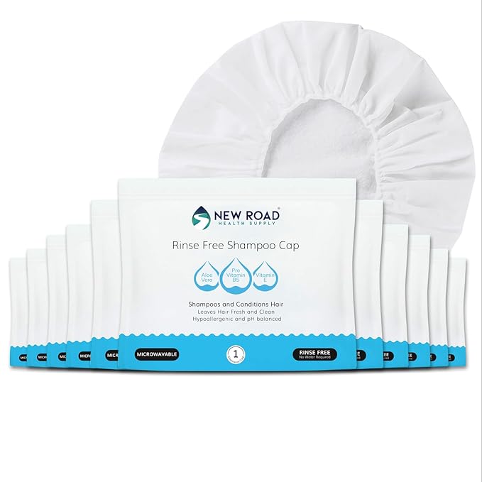 New Road Health Supply - Rinse Free Shampoo Cap, Cleans and Conditions Without Water, PH Balanced and Hypoallergenic, No Rinse Shower Cap for Adults and Elderly, 12-Pack