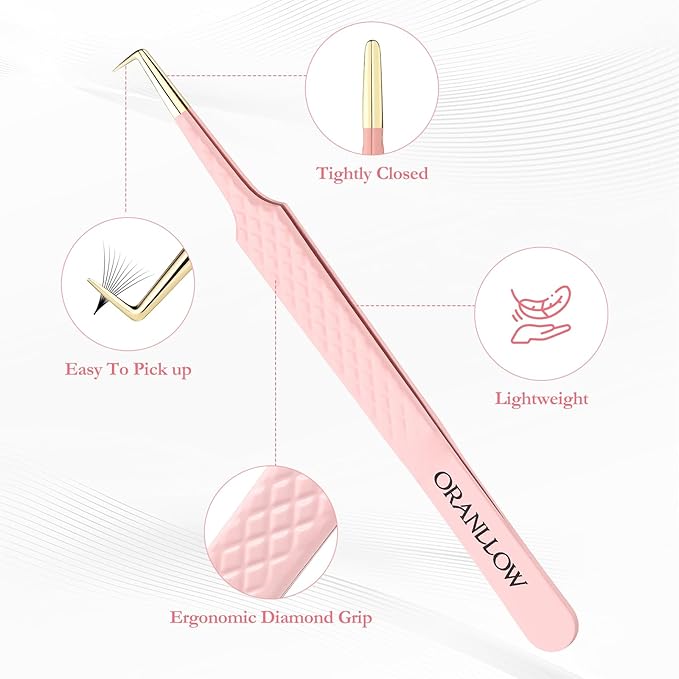 Lash Tweezers Set for Eyelash Extensions - 3 Precision Fiber Tip Diamond Grip, Volume,L-shape Boot, 90 Degree Lash Tweezers for Volume Classic Lashes Premade Fans (3)