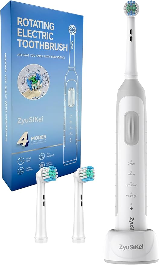 Rotating Electric Toothbrush for Adults with 4 Modes, Round Head and USB Charging Base - for Sensitive Gums, IPX7 Waterproof (White)