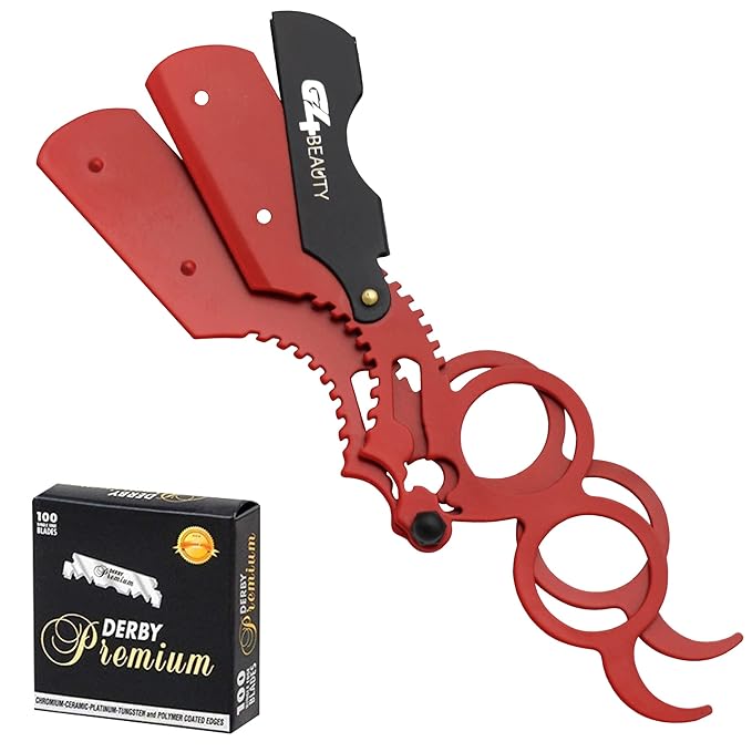 G4 Vision Universal Replaceable Half Blade Straight Razor with 100 Blades, Professional Double Ring Barber Single Edge Shave Razor (Red)