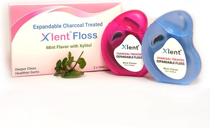 Expandable Dental Floss Treated with Activated Charcoal with Xylitol and Natural Plant Based Wax | Mint Flavor | PFAS & PTFE Free | Pack of 2 (50 m Floss Containers)