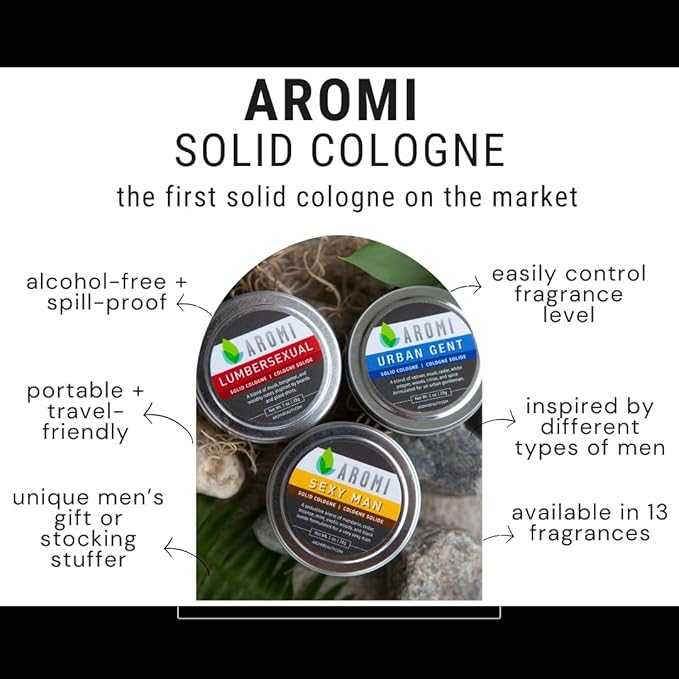Aromi Solid Cologne for Men | Sweet Musky Fragrance, Powdery Scent, Wax-Based, Travel, Sandalwood, Small Men's Gift (Masculine)