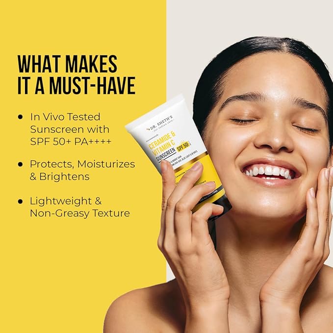 Dr. Sheth's Ceramide & Vitamin C Sunscreen SPF 50+ PA+++ | One Step Routine for Summer | For Women & Men | UVA UVB Sun Protection | 1.76 Oz / 50g