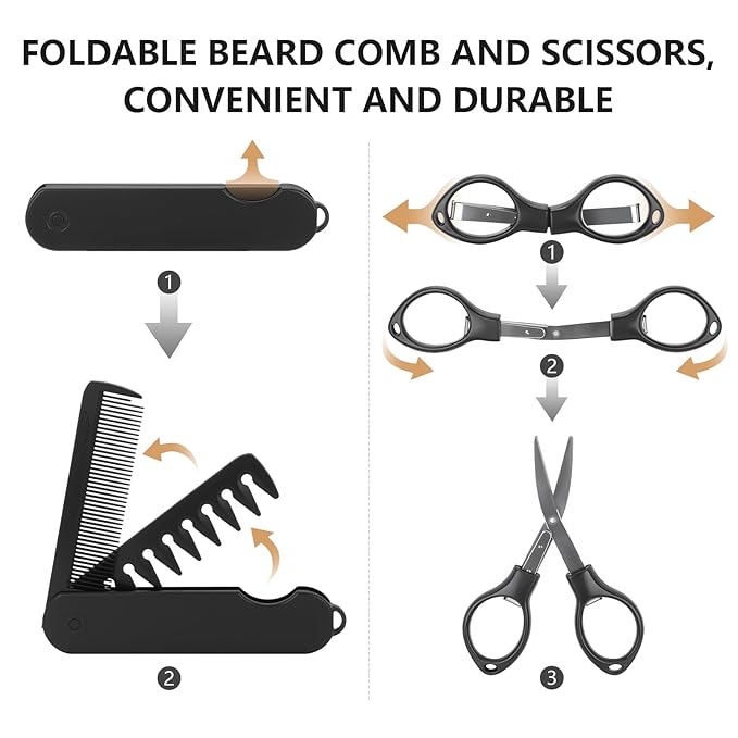 Beard Brush Beard Comb Set for Men, 7 IN 1 Facial Hair Grooming Kit with Boar Bristle Beard Brush, Wood Beard Comb, Silicone Soft Cleaning Brush, Mustache Scissors, Travel Foldable Beard Brush Comb