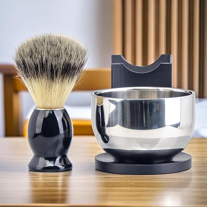 Grandslam Shaving Brush Kit for Men, 3 in 1 Shaving Set Includes Shaving Brush, Stainless Steel Shaving Bowl and Razor & Brush Holder, Black Set