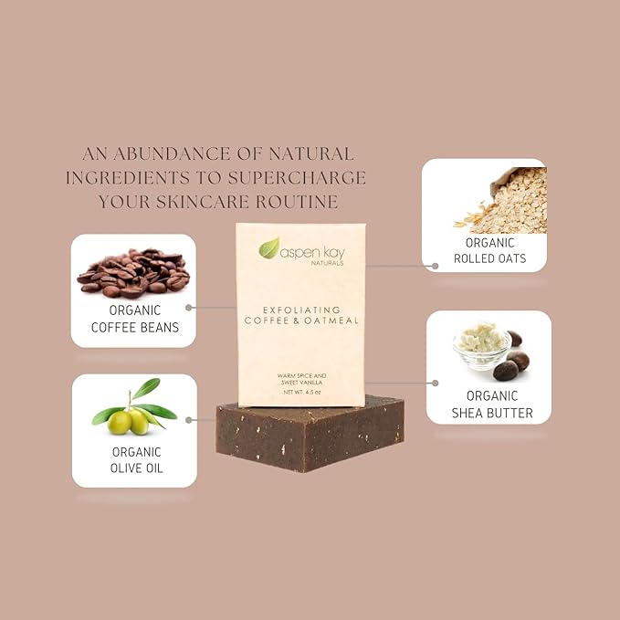 Aspen Kay Naturals Coffee & Oatmeal Exfoliating Soap, Natural and Organic Coffee Scrub. With Organic Shea Butter & Pure Essential Oils. A Wonderful Oatmeal Soap, For Men & Women. (6 pack)