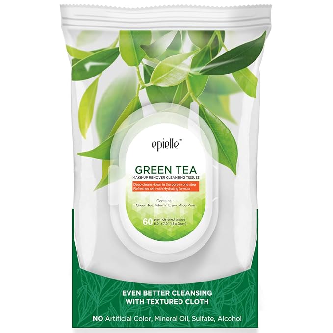 Epielle Green Tea Makeup Remover Wipes, Gentle Daily Facial Cleanser Towelettes, Remove Dirt, Oil & Waterproof Mascara, Stocking Stuffers, 60 Count (Pack of 2)