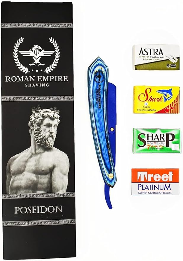 Poseidon New Straight Razor for Professional Barber with 20 Blades Sampler ( Astra-Sharp-Shark-Treet )