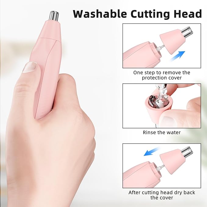 Ear and Nose Hair Trimmer for Men Women, Eyebrow and Facial Hair Trimmer with Powerful Motor and Dual-Edge Blades Rechargeable Painless 2 in 1 Metal Trimming Tool (Light Pink)
