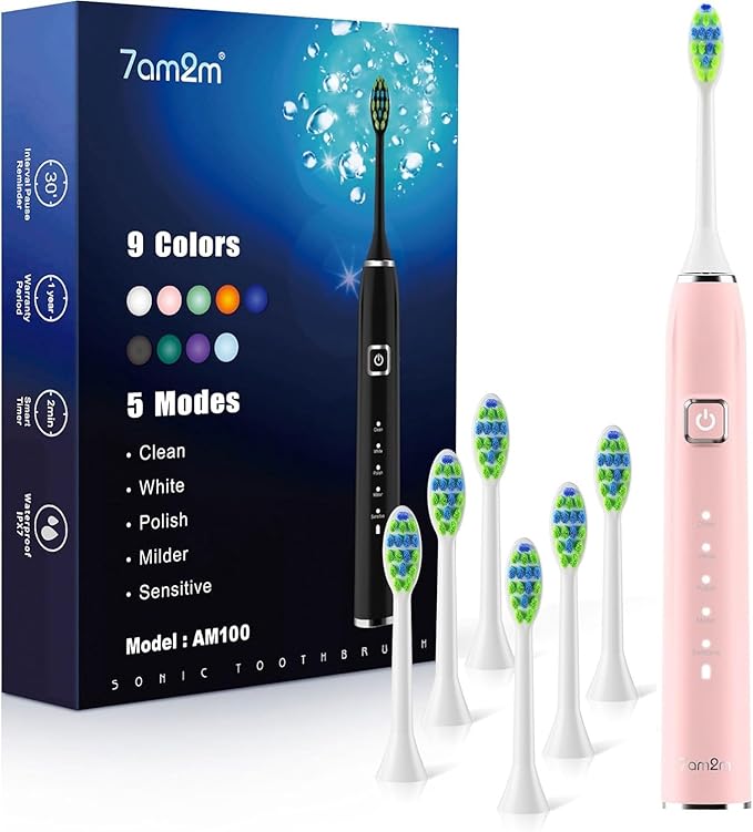 7AM2M Ultrasonic Pink Electric Toothbrush with 6 Brush Heads for Adults&Kids, Type C Rechargeable, One Charge for 120 Days, 5 Modes&40000VPM Powered Toothbrush, 2 Minutes Built in Smart Timer (Pink)