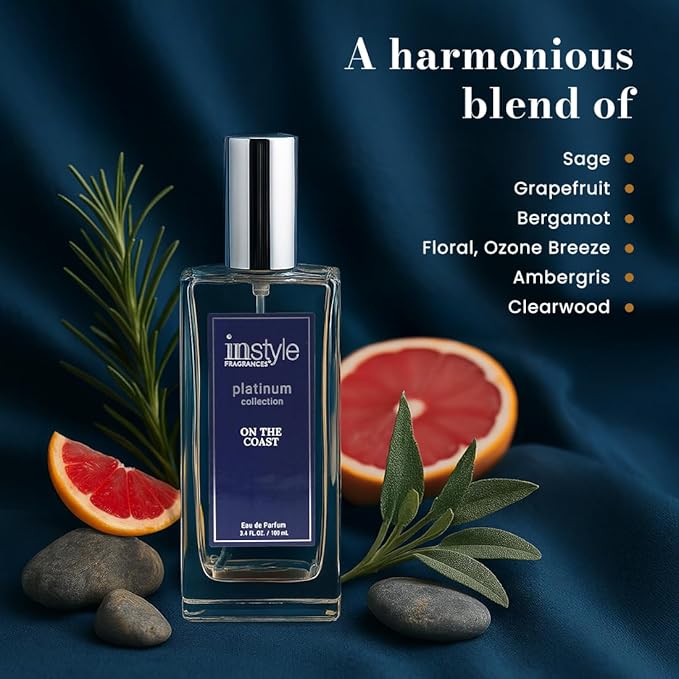 InStyle Fragrances Platinum Collection On the Coast, Inspired by J. Malone's Woo.d Sa.ge & Sea Salt, Premium Unisex Eau de Parfum, CLEAN, Vegan, Paraben-Free, Never Tested on Animals, 3.4 Fluid Ounces