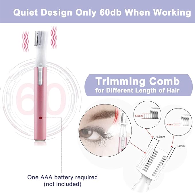 Electric Eyebrow Trimmer for Women, Facial Hair Razor Removal for Men, Mini Epilator for Bikini, Remover for Face, Chin, Peach Puzz, Lips, Body, Arms, Legs, Battery Operated (Purple)