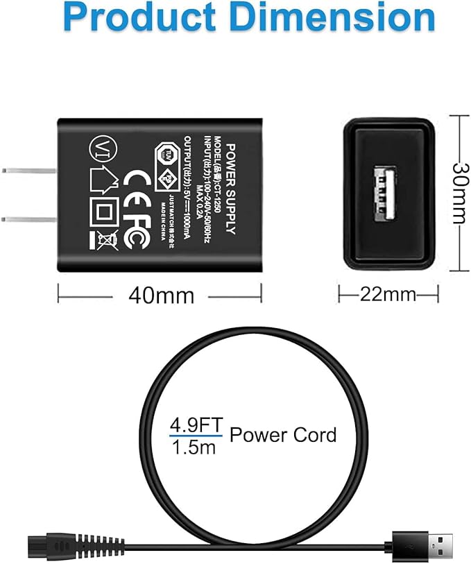 5V Trimmer Charger compatible with Hatteker RFC-588 RFC-598 RFC-690 RFC-692 RFC-696 RSCX-9598 RSCX-7568 Cordless Hair Trimmer Pro Hair Clippers Beard Trimmer & Electric Shaver Razor.