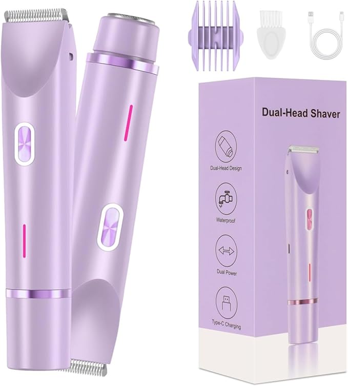 Bikini Shaver,2025 New Dual Head Shaver Women, 2 in 1 Wet & Dry Waterproof Electric Bikini Trimmer for Women,Purple2