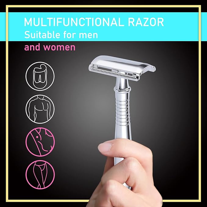 BAILI Classic 3-Piece Metal Double Edge Eco Safety Razor Long Handle Wet Shaving Kit for Men Women with 5 Platinum Blades BD191