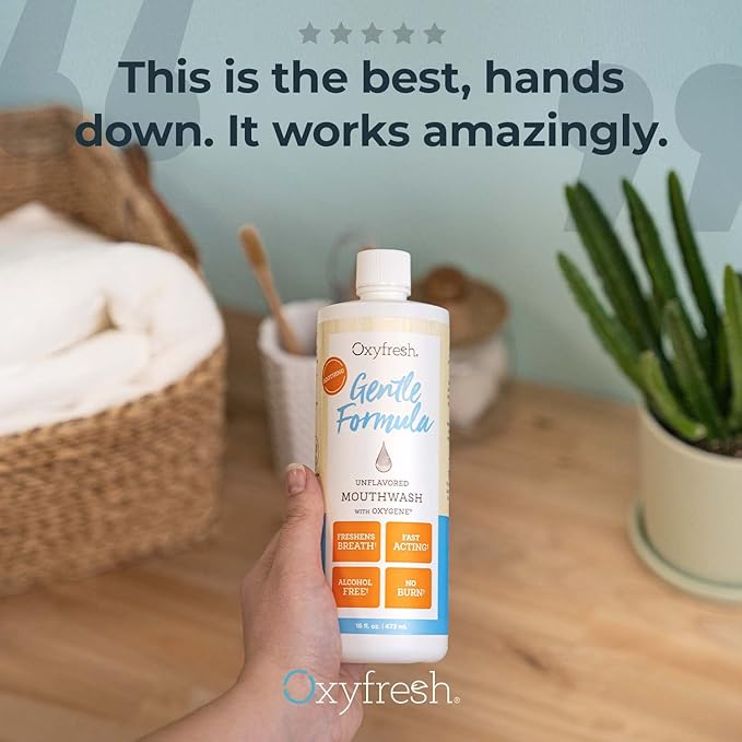 Oxyfresh Gentle Formula Unflavored Mouthwash for Adults – Ultra Sensitive Gums & Teeth – Non Mint, Zero Alcohol, Flavor Free – Fresh Breath. 16 oz (Pack of 2)