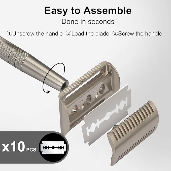 Double Edge Safety Razor with 10 Blades and Stand, Single Blade Razors for Men and Women, Long and Heavy Duty Stainless Steel Handle, Smooth Close Gentle Shave, Silver