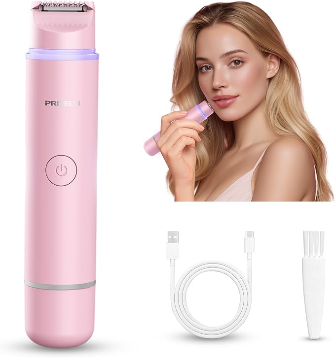 Bikini Trimmer for Women Dual Head Facial Hair Remover 2 in 1 Electric Razors for Women,Waterproof Public Hair Trimmer for Face,Underarm,Leg,USB-C Smart Light (Pink)