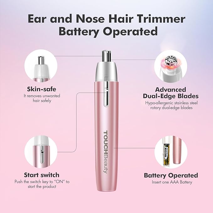 TOUCHBeauty Electric Ear and Nose Hair Trimmer for Women, Painless Round Tip for Sensitive Skin, Mini Portable Shaver with Travel Case, Easy Clean & Battery Powered, Perfect Christmas Day