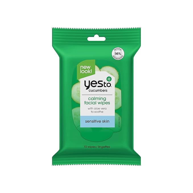 Yes To Cucumbers Travel Facial Cleanser Wipes 10 Count - Aloe Soothing Makeup Remover for Sensitive Skin - Hydrating Face Wipe, Perfect Christmas Stocking Stuffer