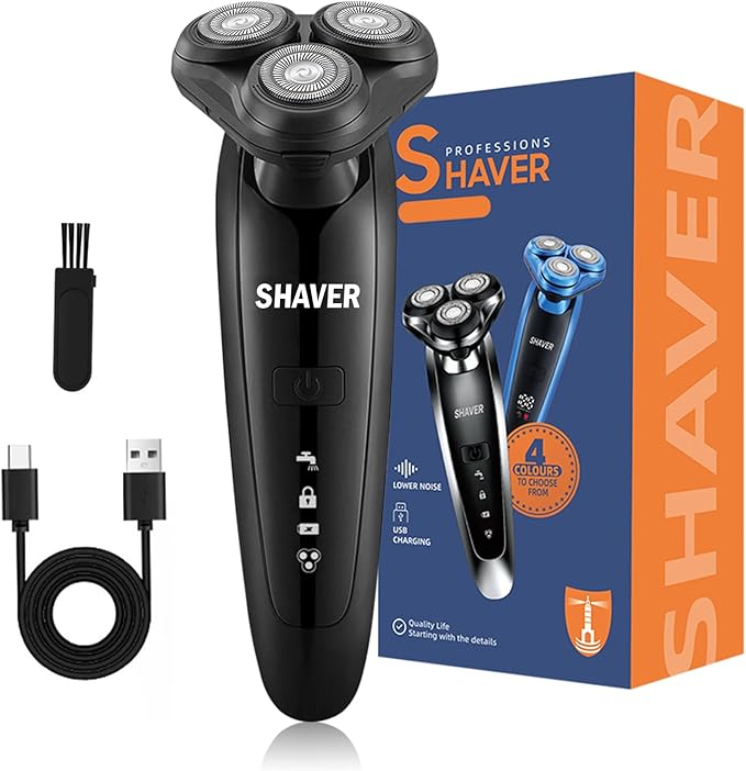 Electric Razor for Men - Rechargeable Shaver 3D Precision Blades with Pop-up Trimmer - Rotary Cordless Shavers Washable Gentle on Sensitive Skin for Beard Sideburn Face with Travel Lock Men Gift