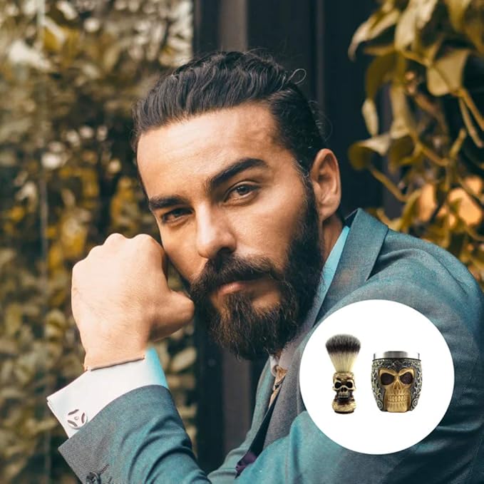 SaditY 1 Set of Male Beard Brush Bowls Set Skull Head Shaped Handle Beard Shaving Brush Shaving Bowl Tools (Style A)