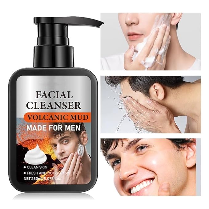Volcanic Mud Facial Cleanser - Deep Pore Cleansing & Oil Control, Gentle Formula with Coconut Oil & Vitamin C, Face Washing, Mens Beard Face Wash, Exfoliates Skin, Moisturizing for All Skin Types