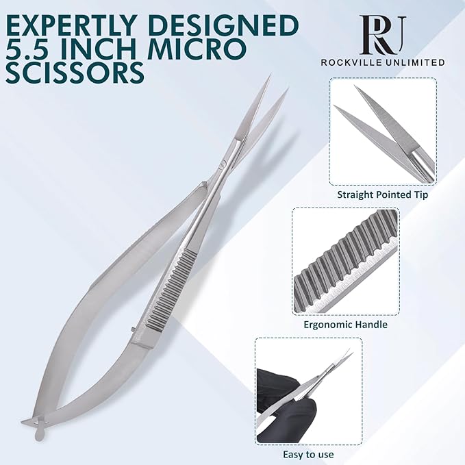 Micro Scissor 5.5" Straight Set of 3 Premium Stainless Steel Applique Scissors Sewing Art & Craft Trimming for Eyebrow Eyelash Embroidery Scissors Extra Sharp thread cutting Spring action scissors.