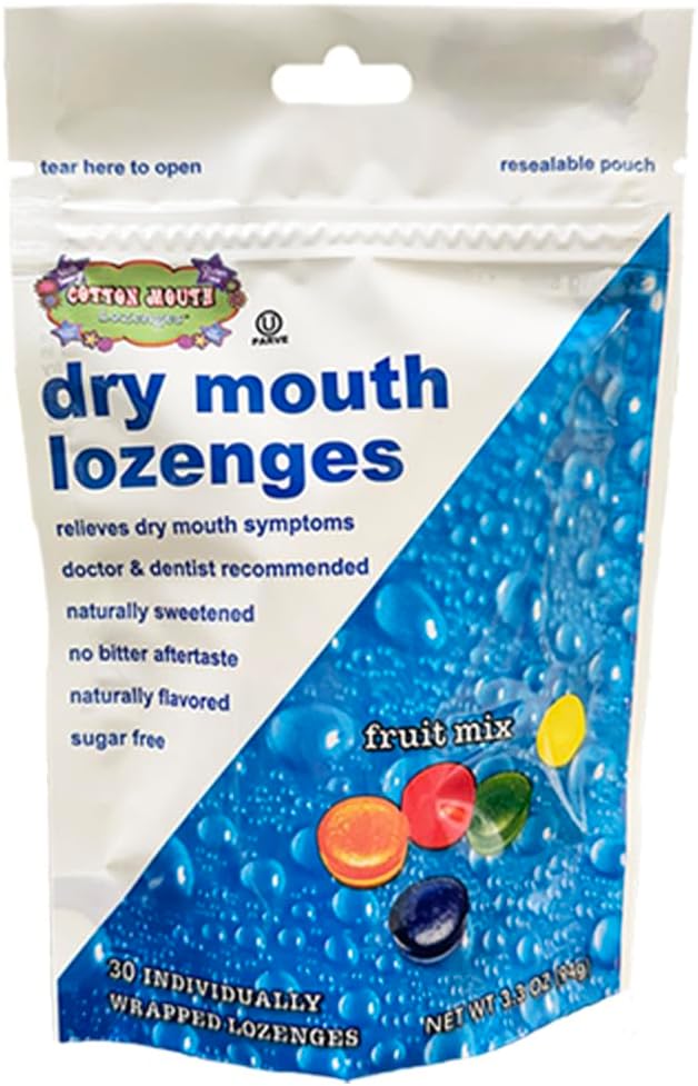 Cotton Mouth Lozenges Dry Mouth Relief Fruit Mix 3.3oz Bag (1 Bag) | Relieves Dry Mouth & Increases Saliva Production, Sugar Free, Gluten Free, Delicious Fruit Flavor, Individually Wrapped, 30 Ct