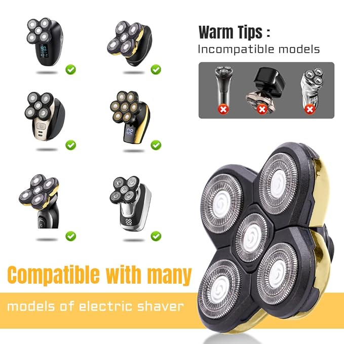 Shaver Blade Heads, 5 Heads Beard Cutter Replacement Blade Easy Install Electric Razor Shaver Head for Head and Face (Gold)