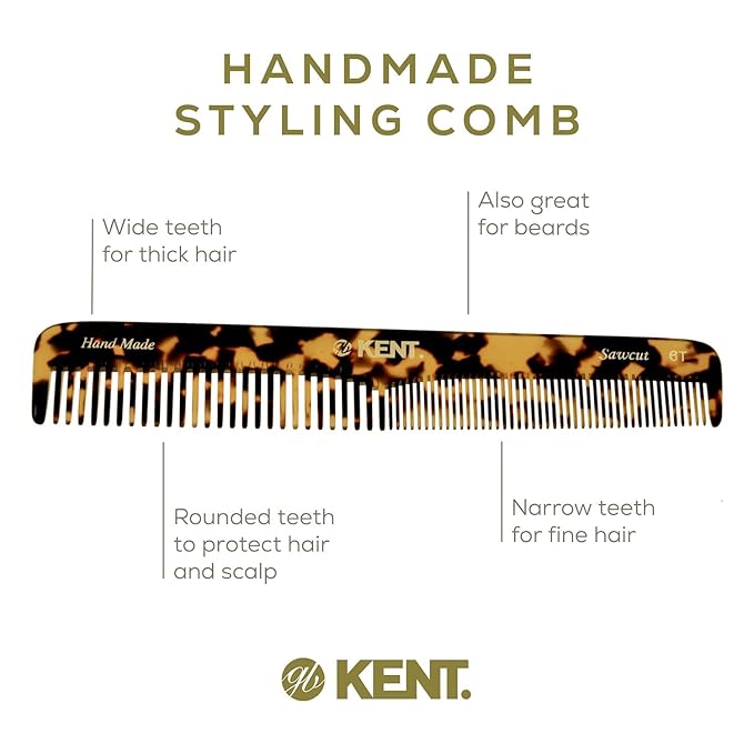 Kent 6T TY Fine Tooth and Wide Tooth Hair Comb, Handmade Styling Comb for Hair Care, Barber Combs, Beard Combs For Men, Styling Grooming for Men, Women and Kids