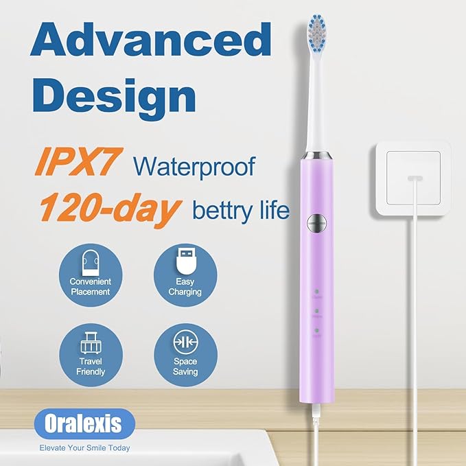 Electric Toothbrush for Adults and Kids, with 8 Brush Heads and Tongue Scraper, 2 Minute Smart Timer, One Fast Charge Last 120 Days, 40000 VPM Deep Clean, Sonic Travel Toothbrush - Purple