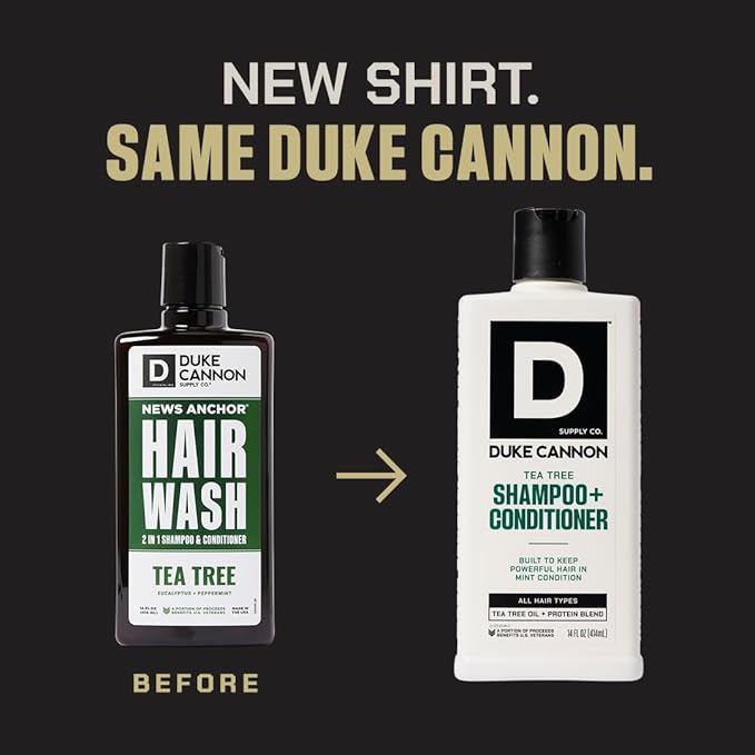 Duke Cannon Supply Co. 2-in-1 Hair Wash - Masculine Scent - Gentle Cleansing Hair Wash For Men - Stimulating Hair Shampoo & Conditioner - Strengthens Hair - Tea Tree & Midnight Swim - 2 Pack (14 oz)